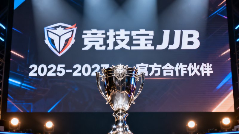 英雄联盟全球总决赛标志性的银色冠军奖杯放置在发布会舞台中央，背景巨大的LED屏幕同时显示着竞技宝JJB品牌标识与2025-2027官方合作伙伴字样，聚光灯照亮了整个舞台。