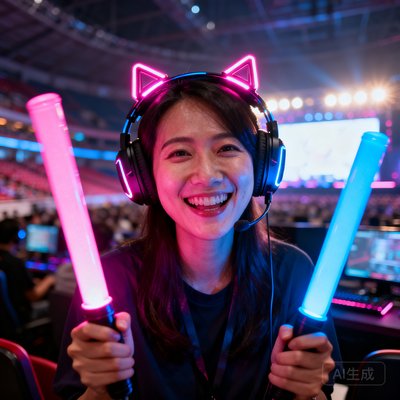 一位28岁左右的女性电竞爱好者正面肖像，她戴着发光的电竞主题头饰，手中挥舞着粉蓝色荧光棒，笑容灿烂充满感染力，背景是电竞体育场内的观众席和远处明亮的舞台灯光。